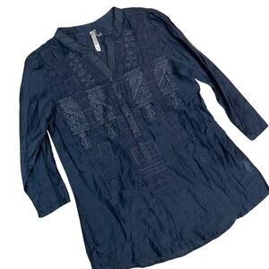 Monoreno Navy Blue Silk and Cotton Embroidered Long Sleeve Tunic Top Size Small